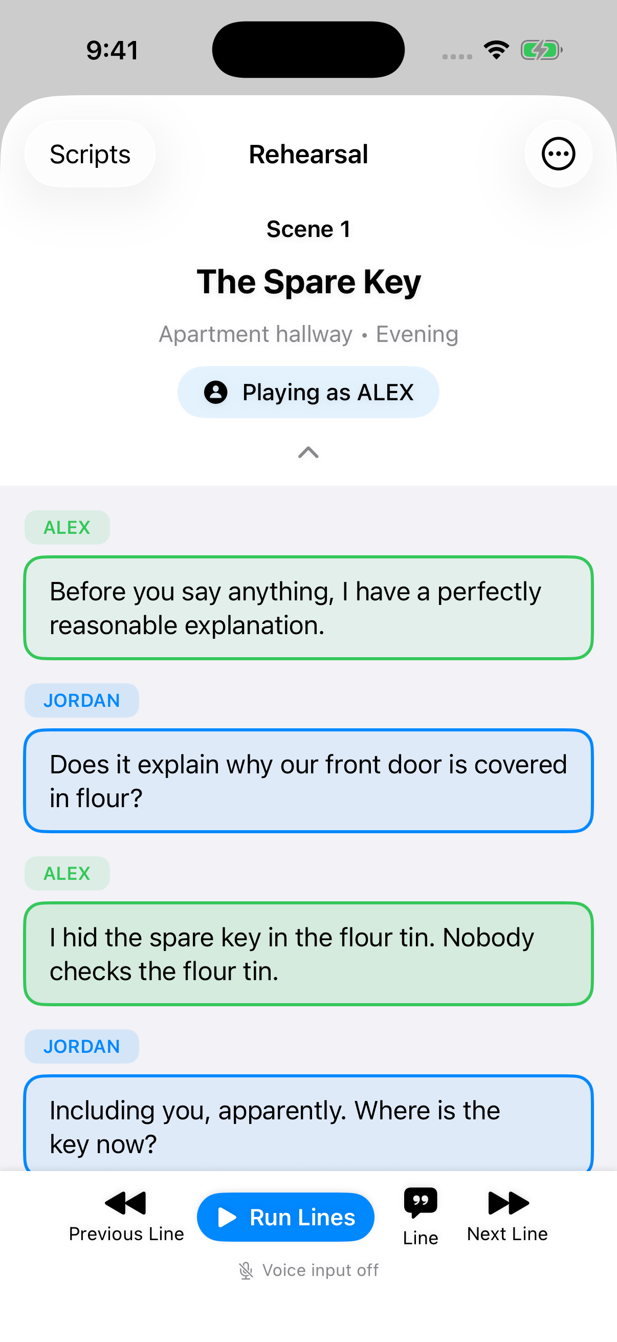 LinePal rehearsal view showing The Spare Key sample scene, character dialogue, and Run Lines controls.